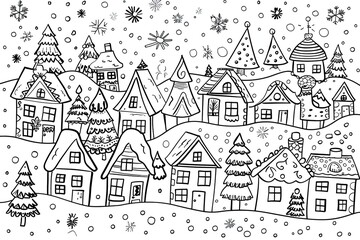 Christmas coloring page featuring snowflakes and cheerful seasonal characters