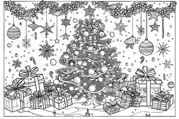 Christmas coloring page featuring snowflakes and cheerful seasonal characters