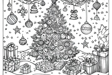 Christmas coloring page featuring snowflakes and cheerful seasonal characters