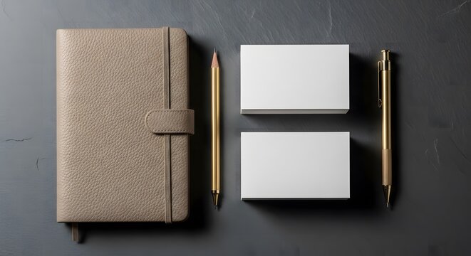 Elegant Stationery Mockup Leather Notebook, Business Cards, and