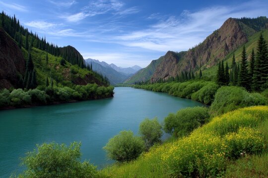 River winds through mountains green slopes trees and yellow wildflowers under a cloudy blue sky - Powered by Adobe