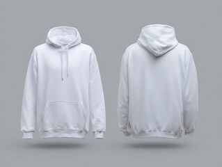 White hoodie showcased front and back against a gray wall, excellent for custom designs and fashionable apparel marketing with a simple elegance.