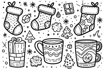 Christmas coloring page featuring snowflakes and cheerful seasonal characters