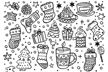 Christmas coloring page featuring snowflakes and cheerful seasonal characters