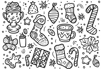Christmas coloring page featuring snowflakes and cheerful seasonal characters