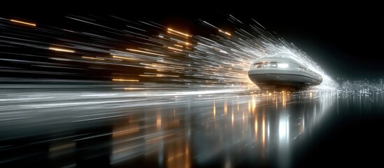 Sleek futuristic vehicle speeding, leaving light trails and sparks