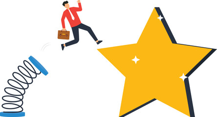 Fototapeta premium Businessman jumping career growth reaching success achieving goals springboard launch golden star business ambition corporate success performance boost upward mobility career leap