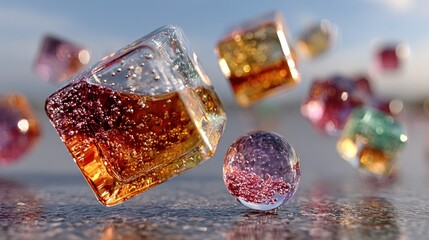 Cubes & spheres, amber, crimson, and green liquids suspended in air, close up