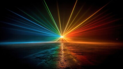 A vibrant spectrum of light bursts across a reflective surface