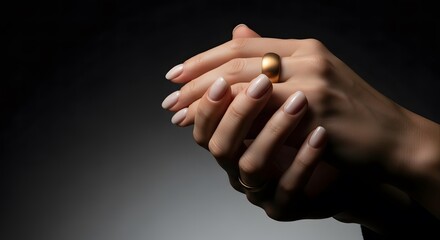 Elegant Womans Hands with Gold Ring and Manicured Nails on Dark
