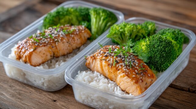 Two meal prep containers filled with tender chicken, fluffy rice, and fresh broccoli sit on a rustic wooden table. This balanced dish offers a healthy choice for lunch or dinner