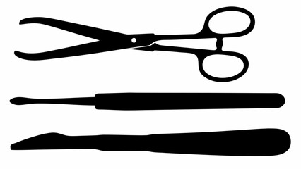 Silhouette of surgical instruments including forceps and scalpels in black and white design