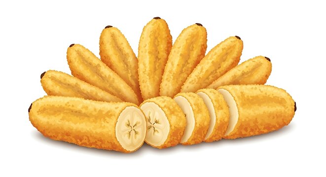 Realistic illustration of a bunch of ripe yellow bananas and sliced bananas.