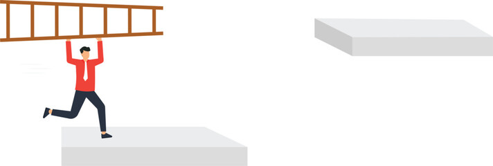 Businessman carrying ladder bridging gap business solution overcoming obstacle career growth strategic planning finding opportunity achieving success corporate development problem solving