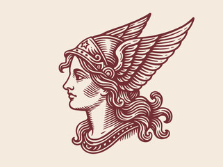 Winged warrior woman profile vintage engraving vector illustration