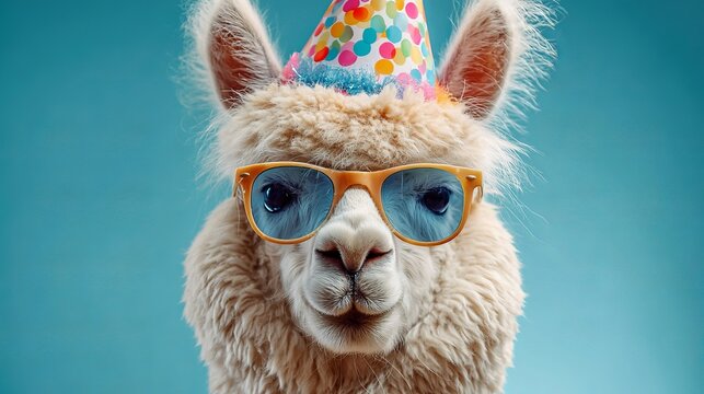 Adorable llama wearing party hat and sunglasses ready to celebrate a special occasion with a fun, festive vibe perfect for invitations and promotions