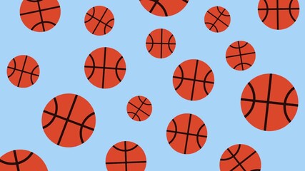 Orange basketballs with black lines scattered on a light blue background. Flat graphic animated cartoon - Powered by Adobe