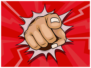 A dynamic pop art illustration of a hand pointing directly at the viewer breaking through a red, radial background. Perfect for conveying a strong call to action, warning, or command in a retro comic 
