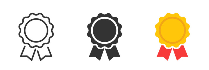 Medal icon set. Approved or certified medal icons. Line, glyph and flat style. Certified, qualified, the best, check mark and number one. Vector illustration