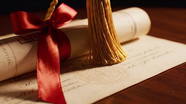 A beautifully presented diploma with a vibrant red ribbon and golden tassel, symbolizing the culmination of hard work and academic success and the dawn of a new professional chapter
