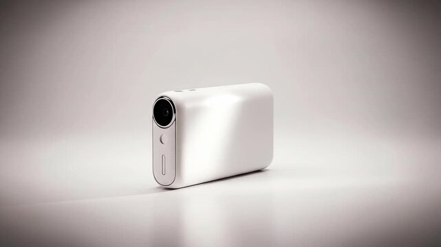 A minimalist studio shot of a sleek white compact digital camera or portable electronic device on a light background with a shadow.