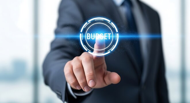 A businessman in a suit presses a glowing blue button labeled budget on a virtual interface, indicating financial planning
