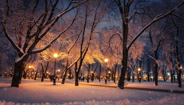 Snowy park night glowing lights, tranquil winter evening with falling snow, illuminated lanterns, bare trees, and peaceful atmosphere in a city landscape.