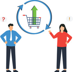upselling concept, sales growth, shopping cart, business strategy, e-commerce marketing, increasing revenue, average order, upward arrow, purchase cycle, marketing solution