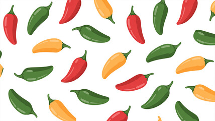 Repeating pattern of red green and yellow chili peppers on a white background spicy food