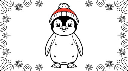 Cute Cartoon Penguin Wearing Knitted Winter Hat Line Drawing