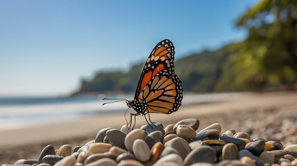 Monarch Butterfly Perched on Colorful Pebbles with Beach Background