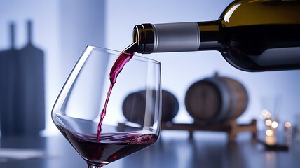 Red Wine Pour into Elegant Glass with Winery Barrels Close-Up