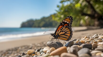 Monarch Butterfly Perched on Colorful Pebbles with Beach Background