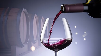 Red Wine Pour into Elegant Glass with Winery Barrels Close-Up