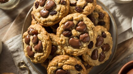 Rustic Oatmeal Chocolate Chip Cookies Stack on Ceramic Plate Close-Up