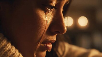 Close Up Portrait Of A Weeping Woman Showing Sadness With Water Drops Flowing Down Her Face in Warm Lighting Bokeh Background