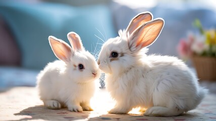Two Fluffy White Baby Bunnies Close Together Soft-Focus Cozy Shot