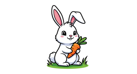 Cute Cartoon White Rabbit Holding a Carrot on Green Grass