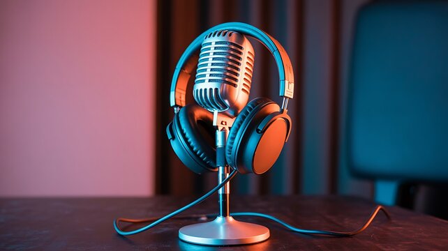 Professional Condenser Microphone with Studio Headphones Close-Up