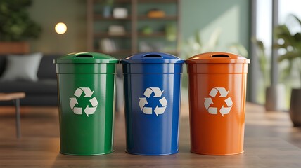 Colorful Recycling Bins Green Blue Orange on Wooden Floor Close-Up