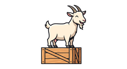 Happy Cartoon Goat Standing on Wooden Crate Isolated White Background