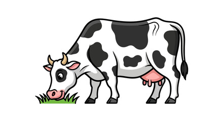 Cartoon Cow Grazing on Green Grass Farm Animal Illustration
