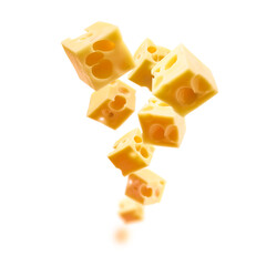 Cheese cubes levitate on a white background