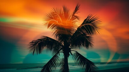 Silhouetted Palm Tree Against Vibrant Painterly Sunset Sky