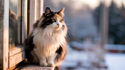 Fluffy Calico Cat on Sunlit Windowsill Medium Shot