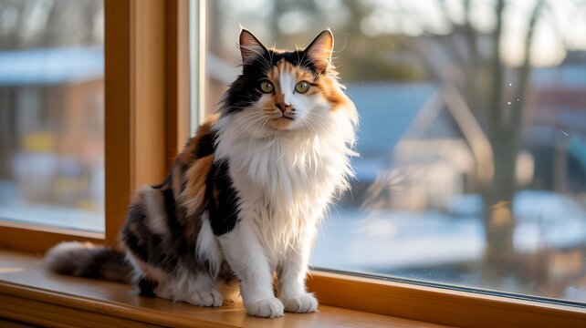 Fluffy Calico Cat on Sunlit Windowsill Medium Shot
