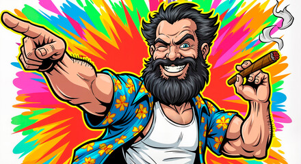 Muscular man with a beard holding a cigar and smiling brightly, concept of No Shave November, comic-like caricature  
