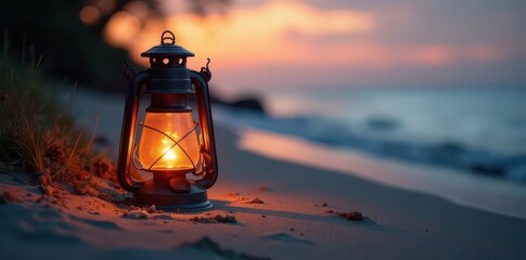 Antique lanterns softly illuminate sandy beach as day fades , holiday, dusk, old