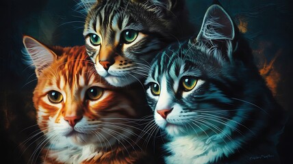 Painterly Portrait of Three Domestic Cats Huddled Together
