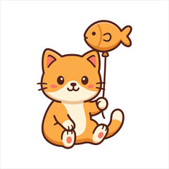 Cute Cat with Fish Balloon Flat Vector Logo Illustration